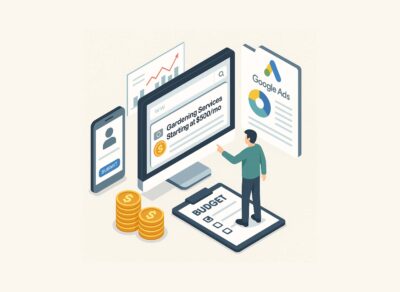 Illustration of a home service provider running a Google Ads paid search campaign on a small budget with keyword targeting and performance tracking.