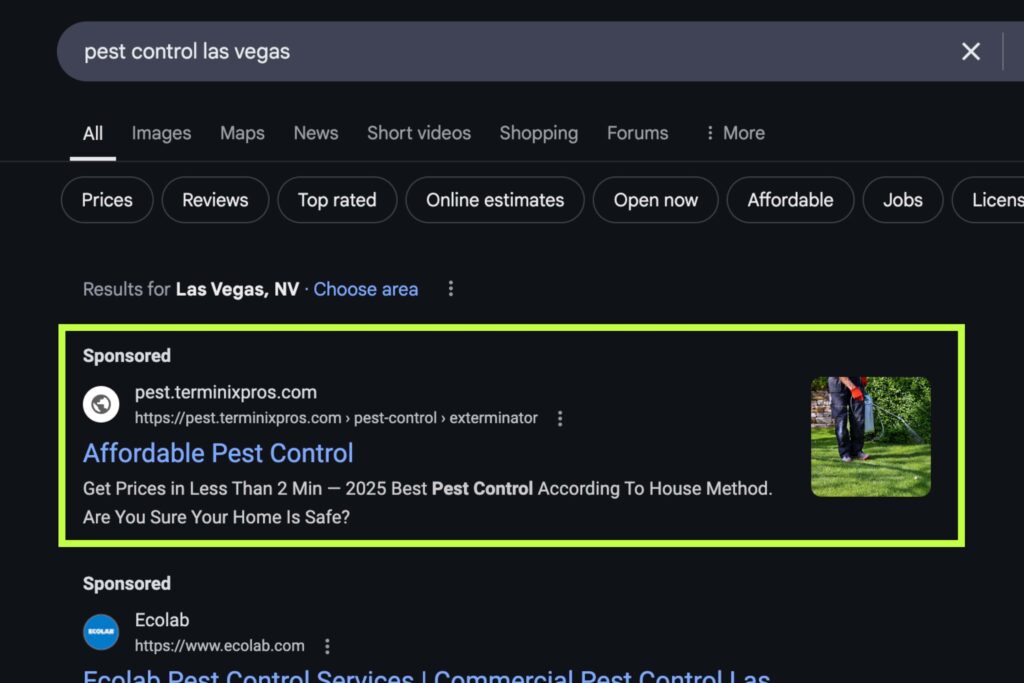 PPC Search Result for a Pest Control Service