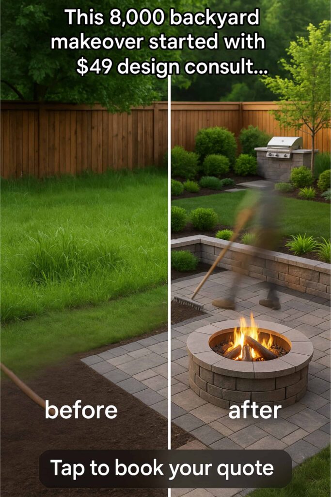 An example of a YouTube shorts ad for a landscaping company, showing the before and after of a backyard transformation