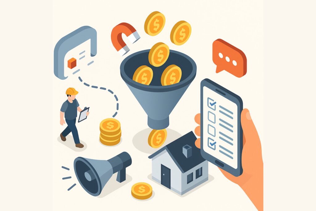 Home service lead generation funnel with magnet attracting leads, coins representing value, and mobile form submissions driving conversions.