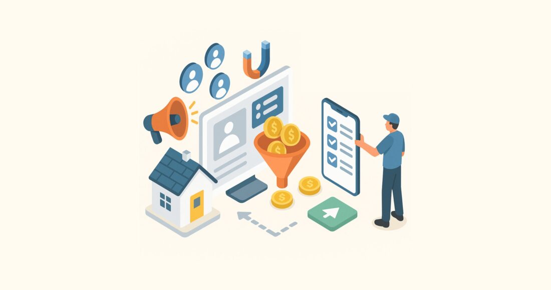 Illustration of home service lead generation funnel with marketing icons, user profiles, and conversion elements leading to mobile engagement.