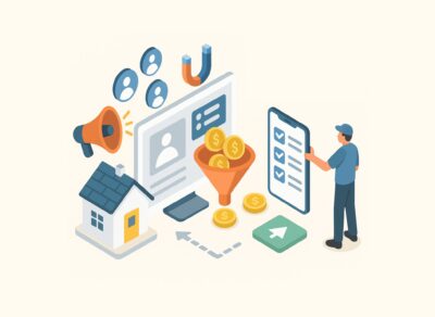 Illustration of home service lead generation funnel with marketing icons, user profiles, and conversion elements leading to mobile engagement.