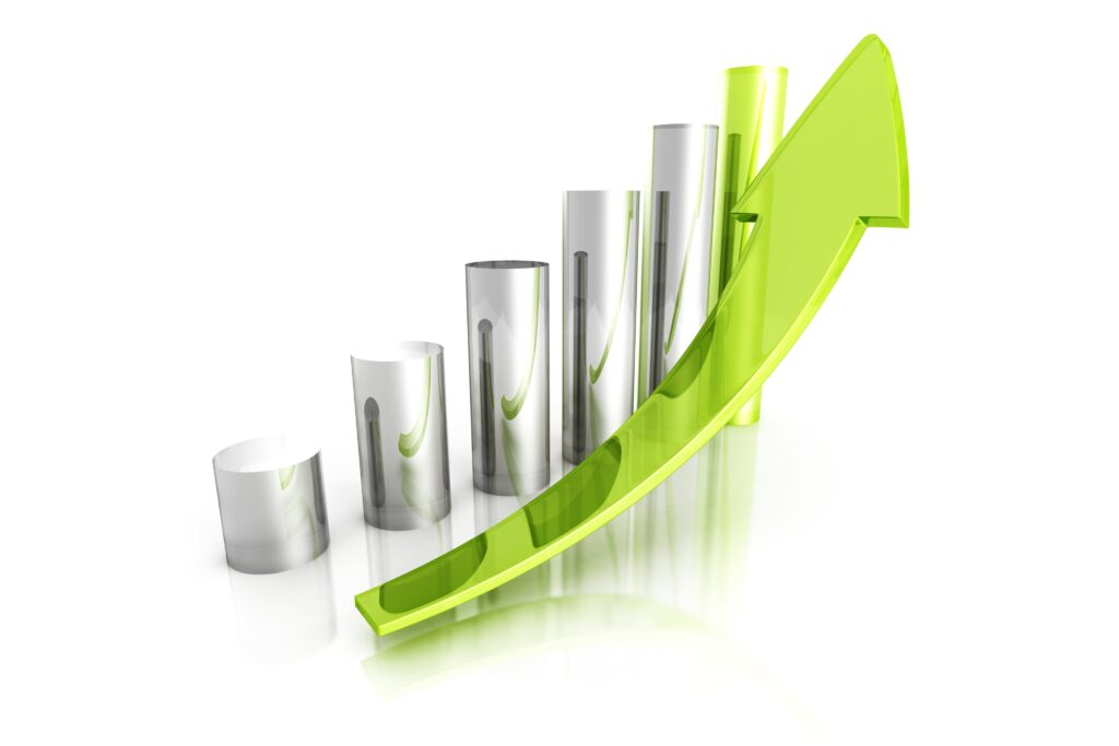 Green upward growth arrow over bar chart symbolizing successful home service lead generation results and business growth.
