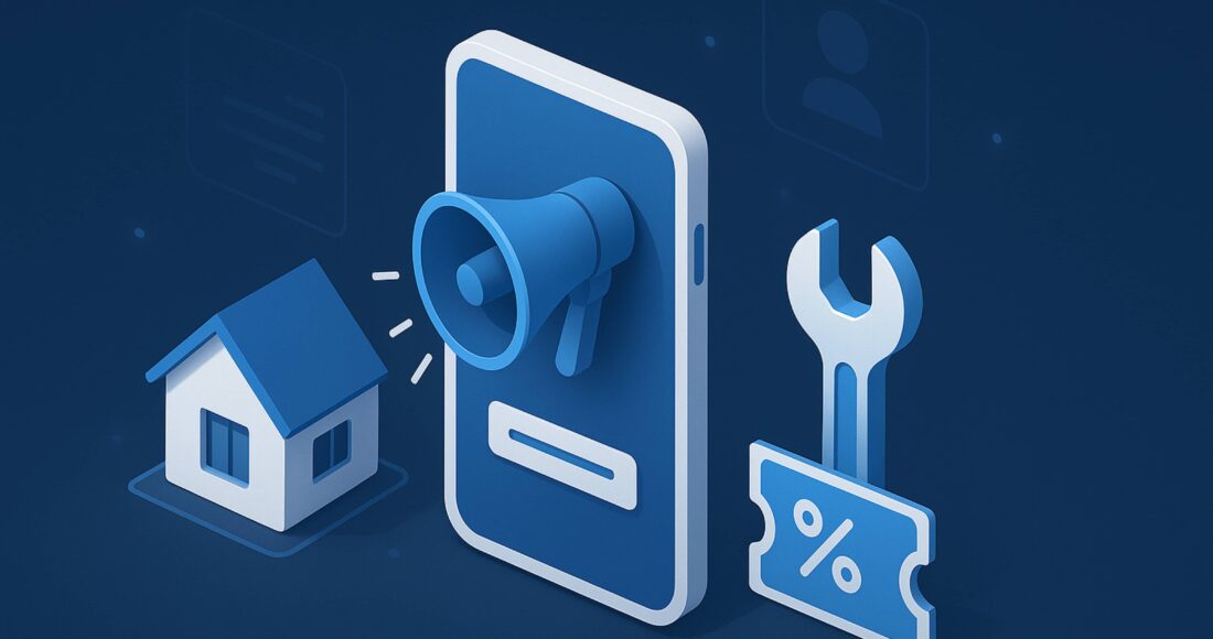 3D isometric illustration representing home services advertising with smartphone, house, wrench, and discount icon on a modern digital background