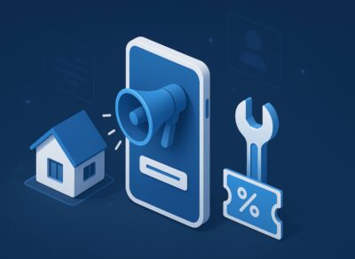 3D isometric illustration representing home services advertising with smartphone, house, wrench, and discount icon on a modern digital background
