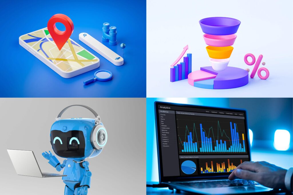 Visual collage representing home service lead generation with local SEO map, conversion funnel, marketing analytics dashboard, and AI automation.