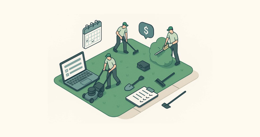 Isometric illustration of a landscaping crew working in a suburban yard with digital tools like a laptop and calendar, representing modern landscaping business growth.