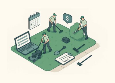 Isometric illustration of a landscaping crew working in a suburban yard with digital tools like a laptop and calendar, representing modern landscaping business growth.