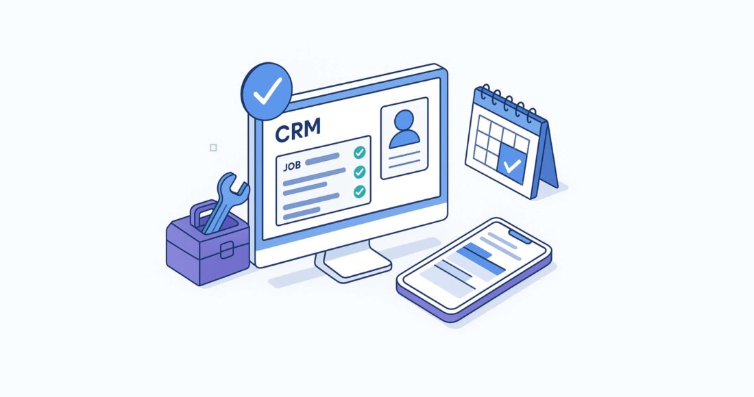 Isometric illustration showing plumbing CRM software on a desktop screen with scheduling tools, checklist, calendar, and wrench — symbolizing business automation