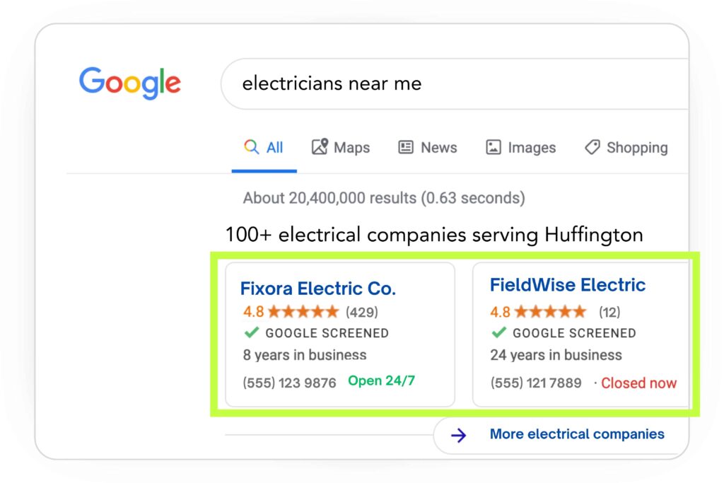 Google search results for electricians near me highlighting local service ads and top-rated home service advertising placements.