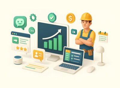 3D isometric illustration of an electrician using CRM and digital tools to grow an electrical business in 2025, with charts, reviews, and scheduling icons.