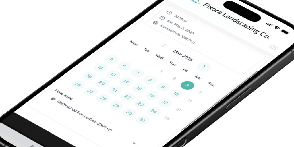 Mobile calendar showing online booking for Fixora Landscaping Co. using landscape CRM software