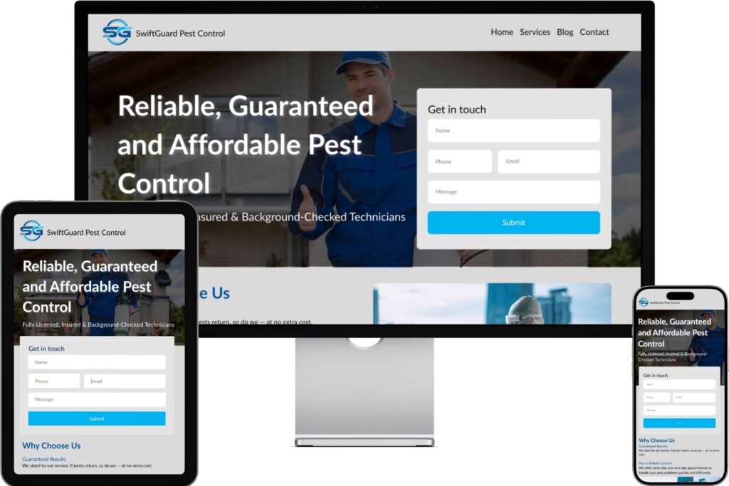 A website for a pest control company on monitor, iPad and iPhone 