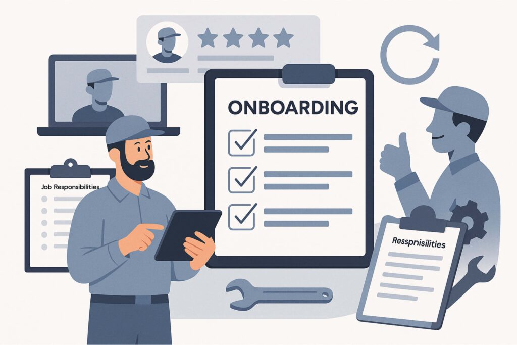 Flat-style image of plumbing team onboarding with checklists, training tools, and job role templates — optimized for trade hiring and team scaling.