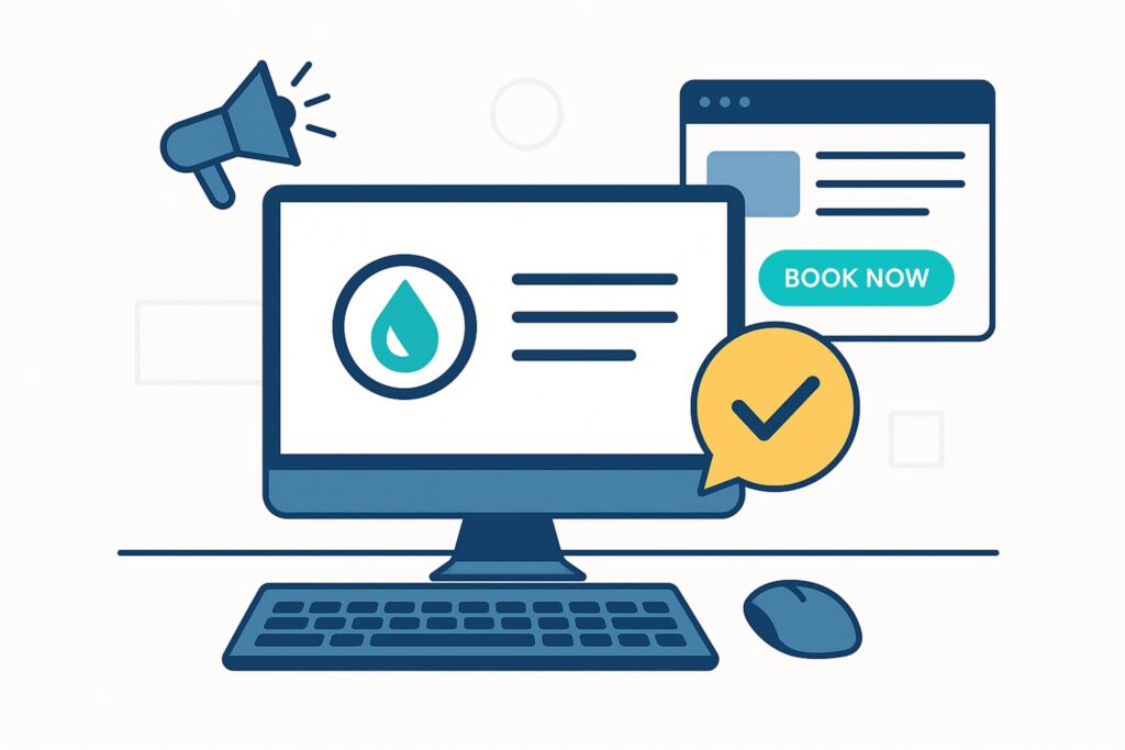 Minimalist illustration of a plumbing website interface with a “Book Now” button and branding elements — focused on conversion optimization and user experience.