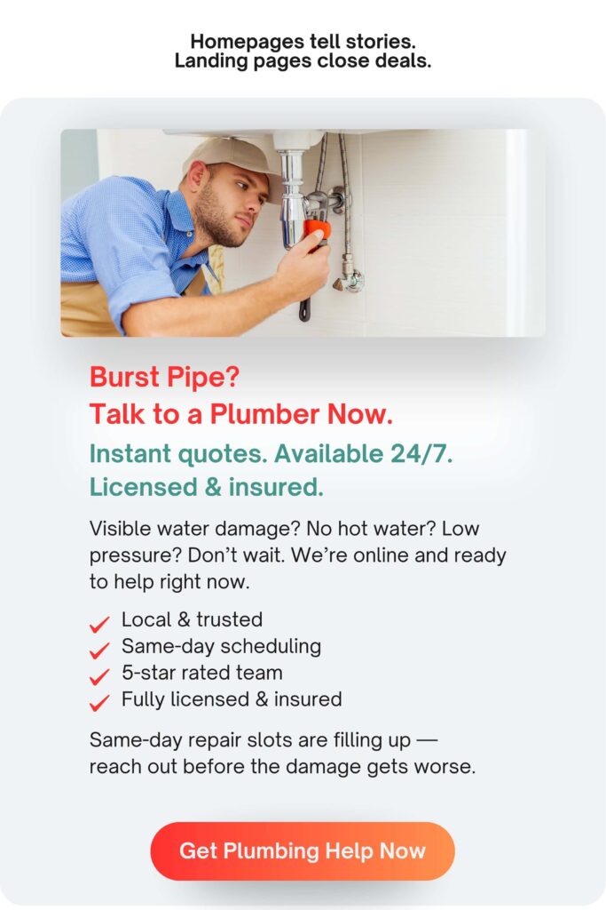 A Landing Page Example for A Contractor, Containing an Image of a Plumber Working on a Sink, Strong Copy, and A Call To Action Button