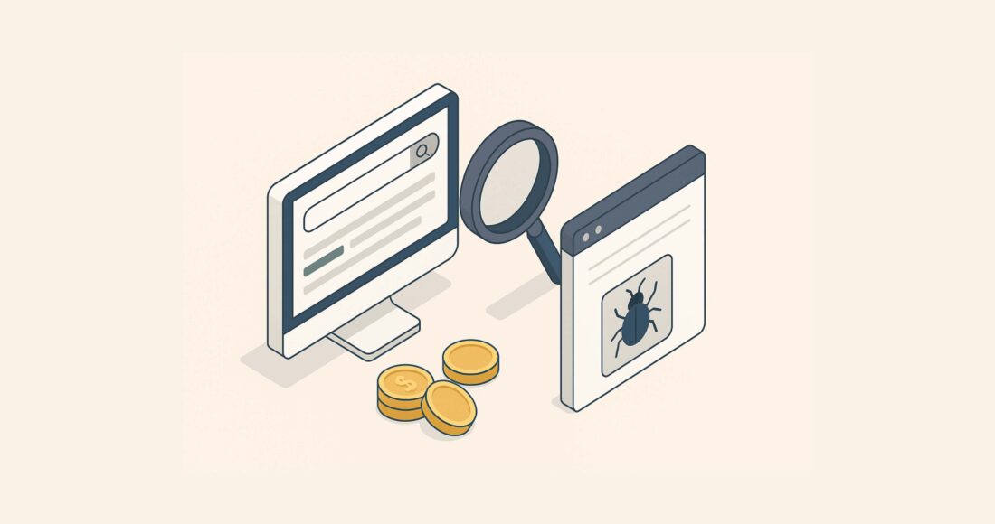 Isometric 3D illustration of SEO for pest control, featuring a computer screen with a search bar, magnifying glass, gold coins, and a web page showing a bug icon.