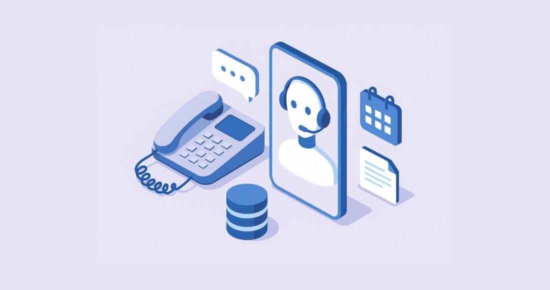 AI Virtual Receptionist with Top Lead Qualification Features illustration showing an isometric customer service setup with desk phone, mobile device displaying a headset-wearing representative, database server, calendar, and document icons in blue tones