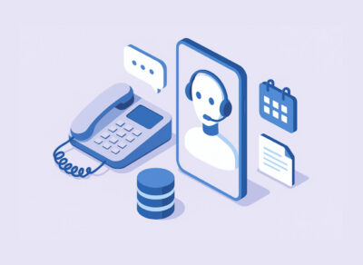 AI Virtual Receptionist with Top Lead Qualification Features illustration showing an isometric customer service setup with desk phone, mobile device displaying a headset-wearing representative, database server, calendar, and document icons in blue tones