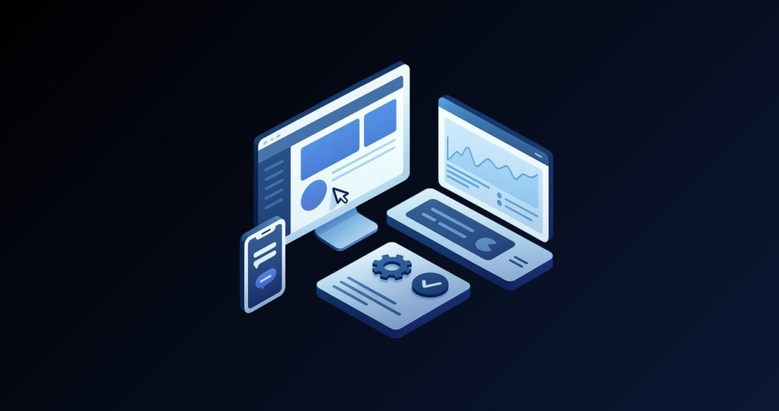 Isometric 3D illustration of a high-tech HVAC website builder dashboard with modern UI elements, forms, charts, and booking features on a glowing blue background
