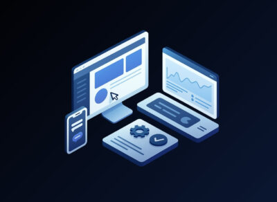 Isometric 3D illustration of a high-tech HVAC website builder dashboard with modern UI elements, forms, charts, and booking features on a glowing blue background