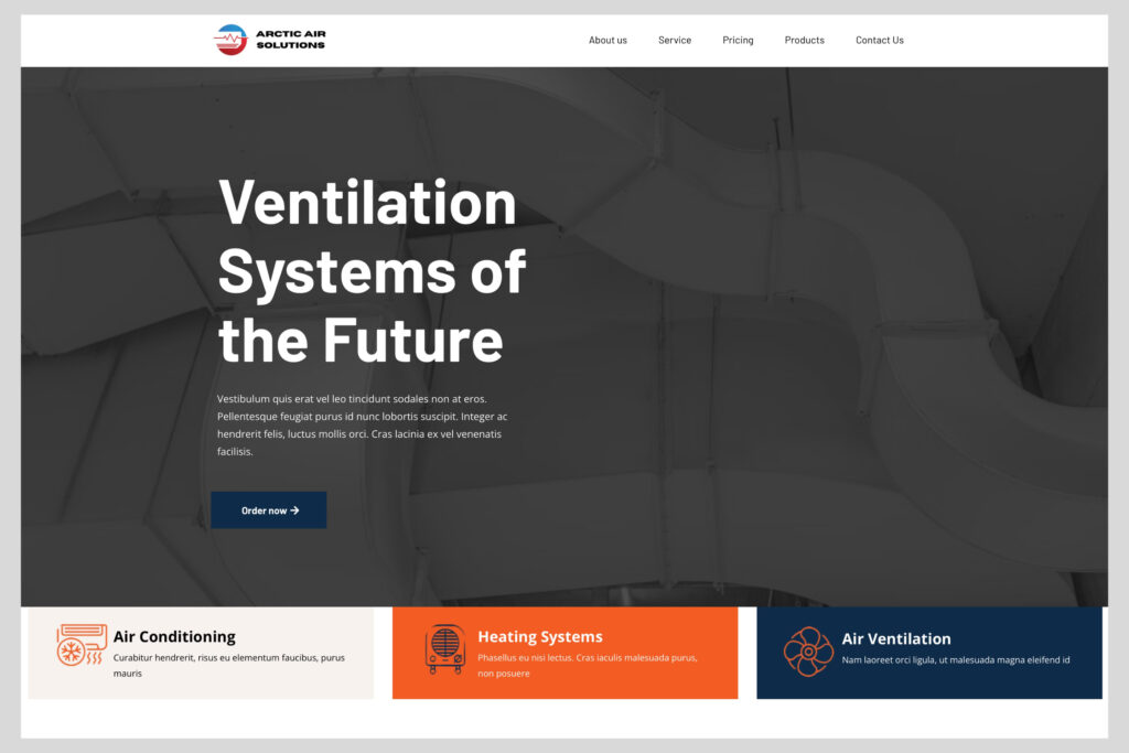 Clean HVAC website template showing hero section featuring bold headline about ventilation systems and CTA button for exploring services