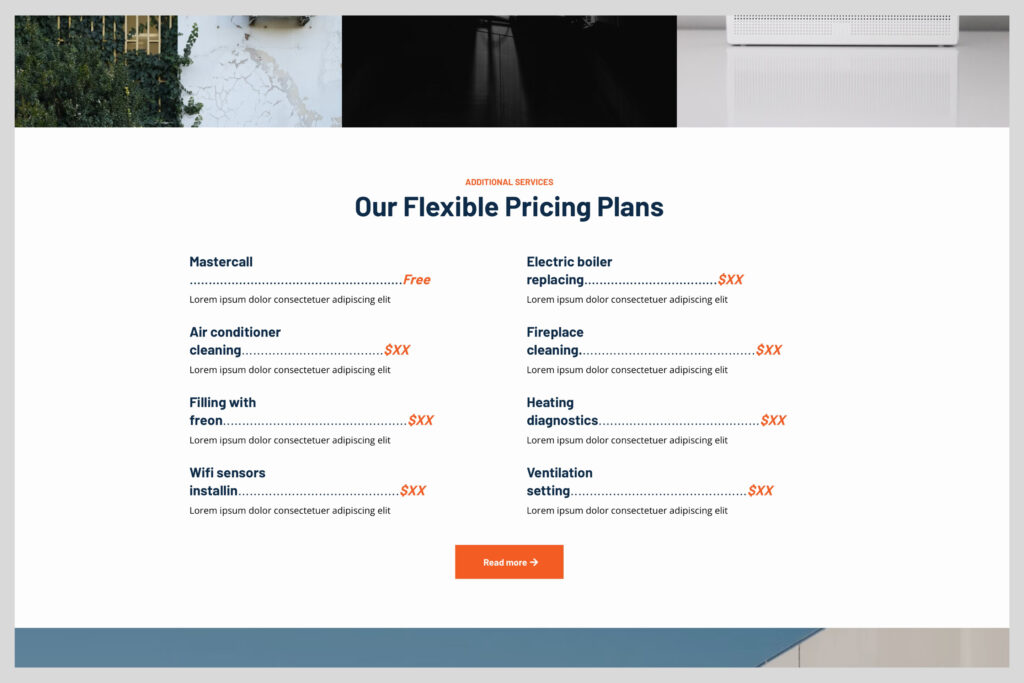 Transparent HVAC pricing section with editable service tiers and call-to-action buttons on a white and blue background