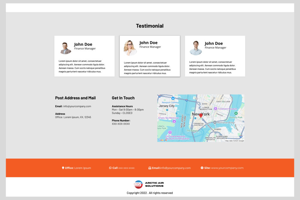 HVAC website template testimonial section featuring customer reviews with star ratings, profile photos, and quote-style formatting on a light background