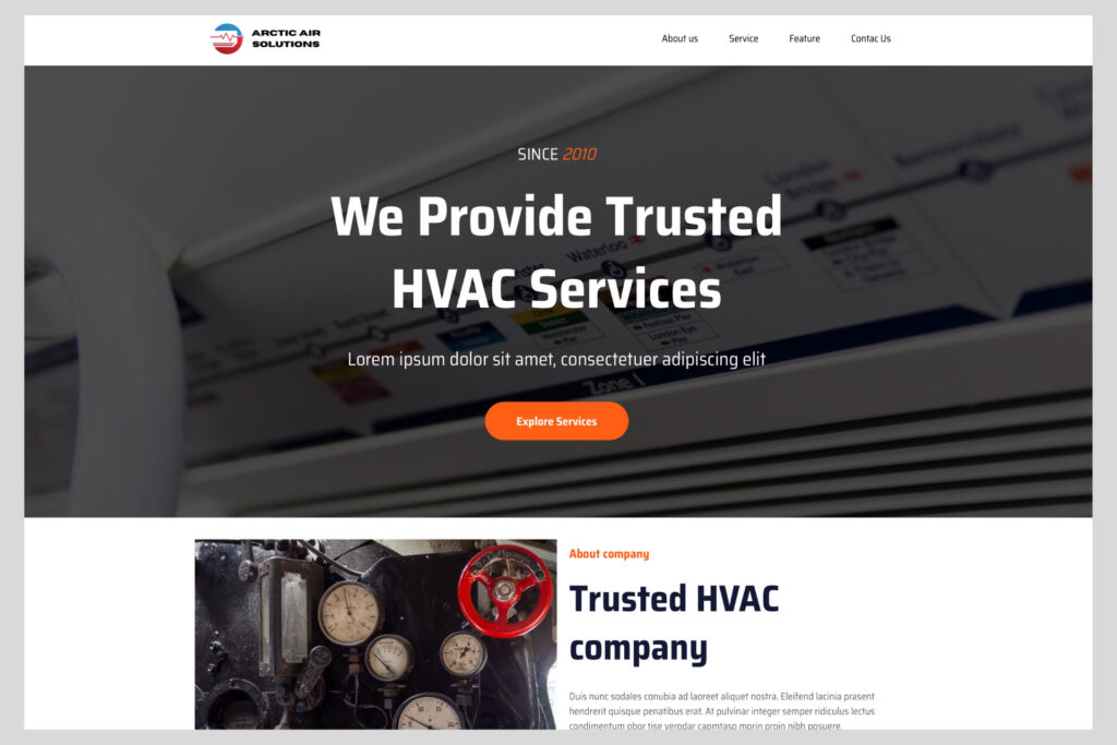 Trust-focused HVAC website hero section with bold headline, CTA button, and clean layout emphasizing reliability and service quality