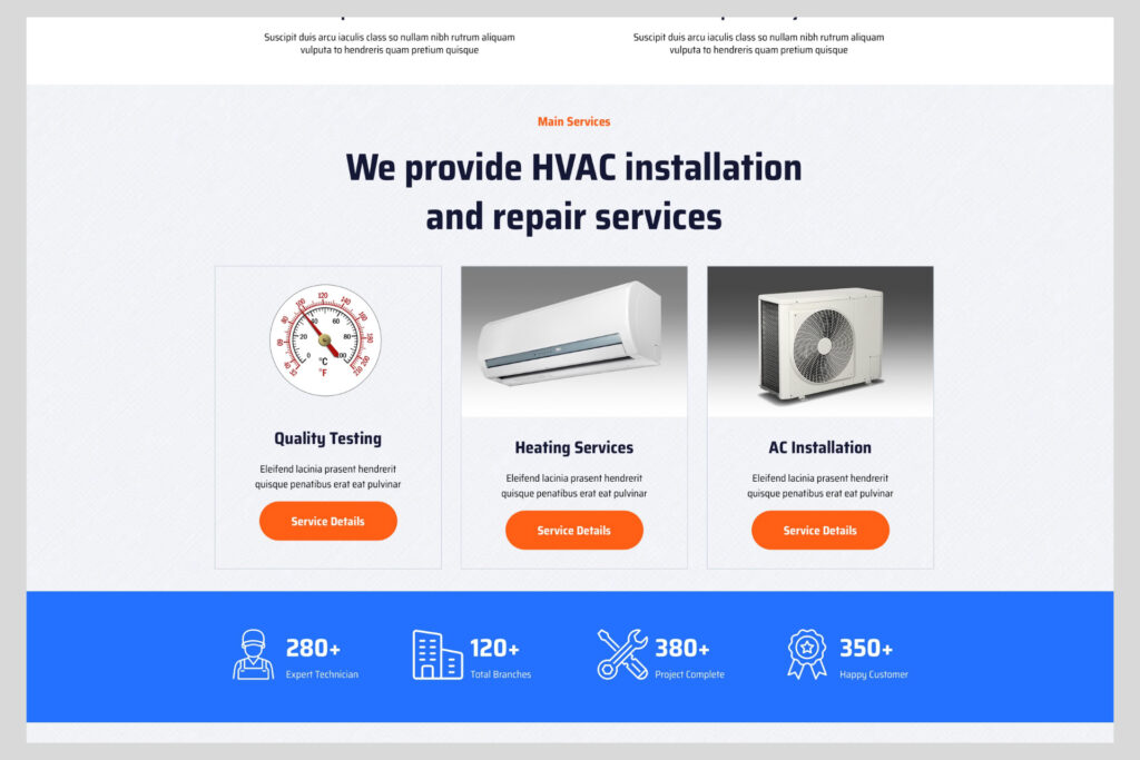 HVAC website template with Grid layout displaying HVAC services like AC installation and heating repair with icons, service blurbs, and call-to-action buttons