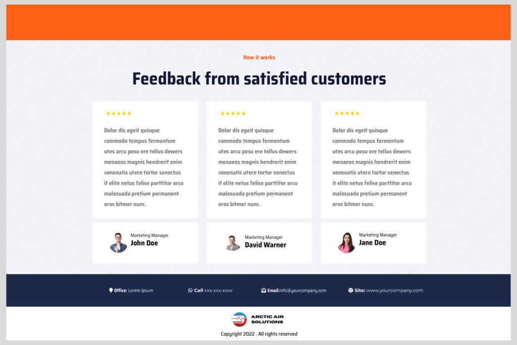 HVAC website template with Customer testimonial slider featuring HVAC client reviews with star ratings, customer names, and a minimalist layout