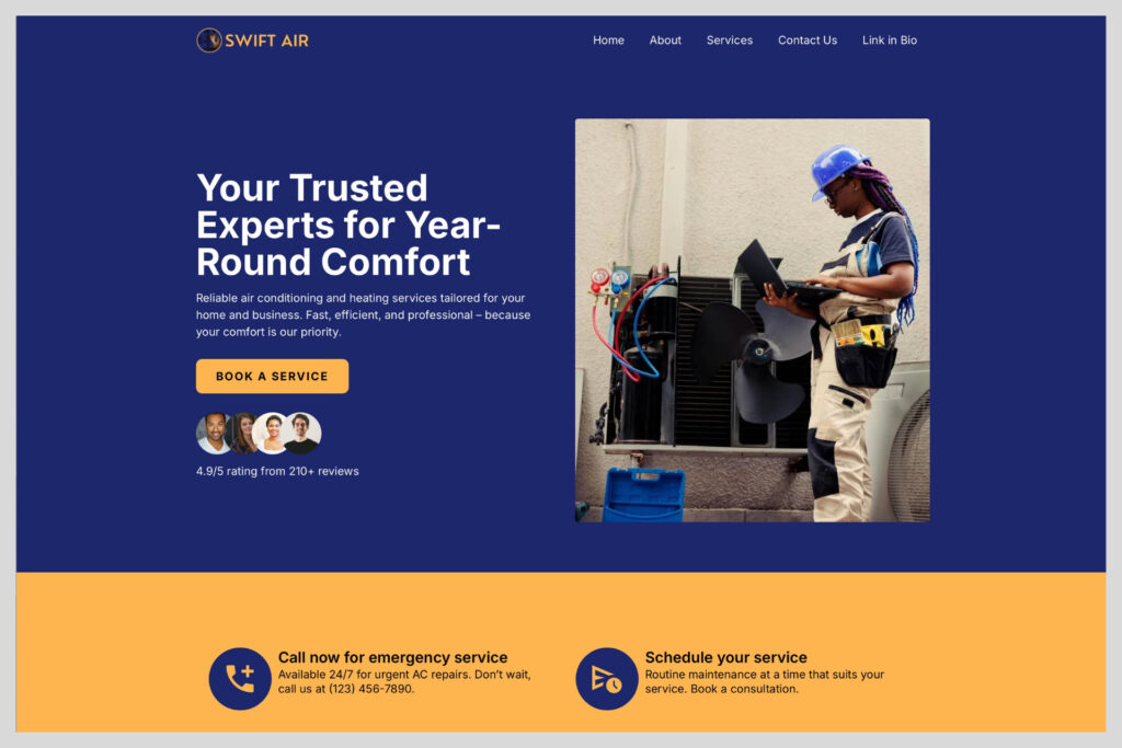 Responsive HVAC landing page with headline about year-round comfort and a bold call-to-action button for booking service