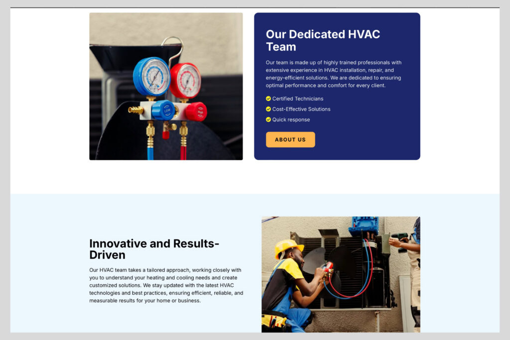 HVAC homepage layout template with clear action buttons for emergency repair and scheduled service, designed for mobile-first conversions