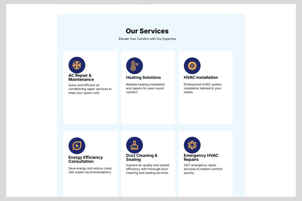 Modern HVAC service overview with custom icons for duct cleaning, heating, AC, and consultations on a clean white background