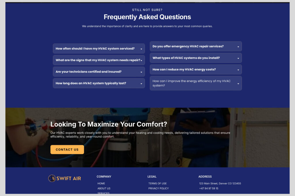 HVAC website template with Call-to-action banner with star rating and trust-building copy, encouraging  customers to book a service appointment online