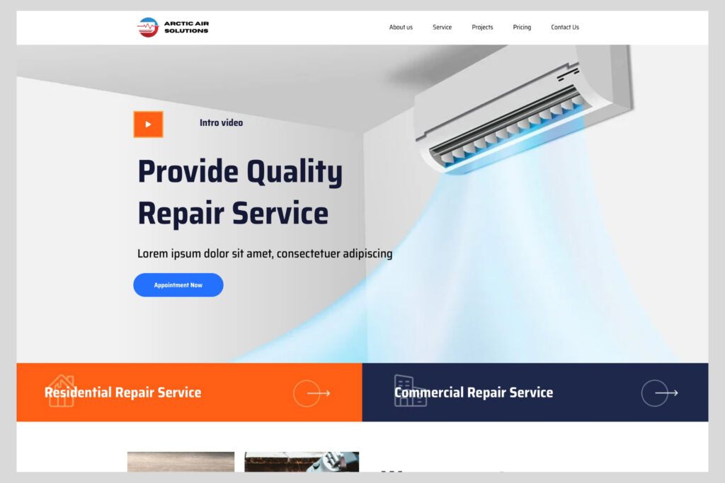 HVAC website homepage with headline focused on repair services and a prominent booking button for fast customer conversion