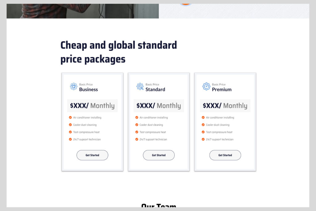 HVAC service pricing comparison with tiered packages, feature breakdowns, and call-to-action buttons for booking