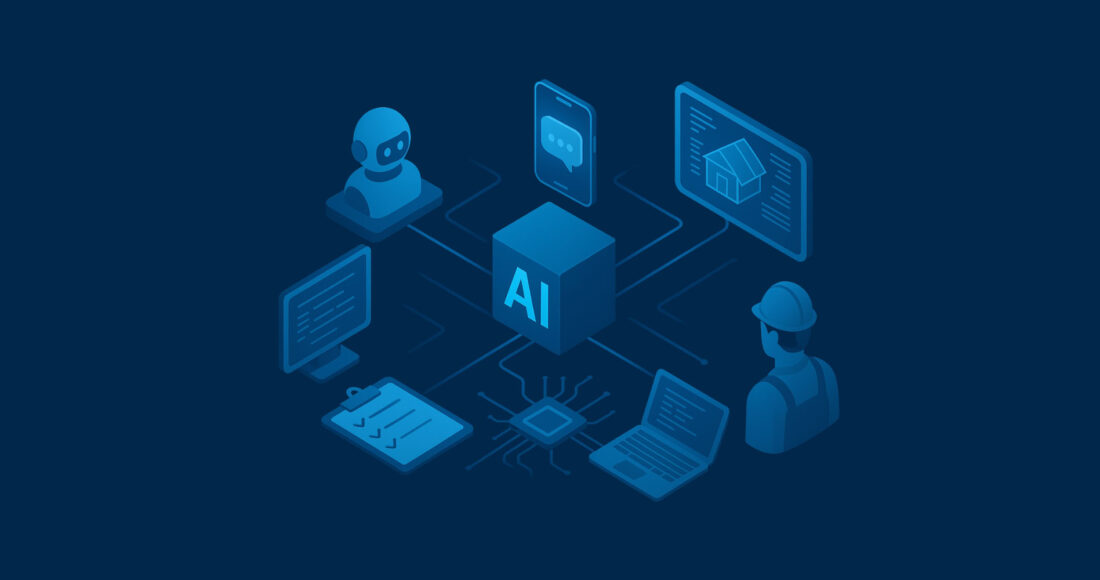 3D isometric illustration showing AI tools connected to a central AI cube, with icons representing a robot, smartphone, laptop, checklist, and an electrician on a dark high-tech background.