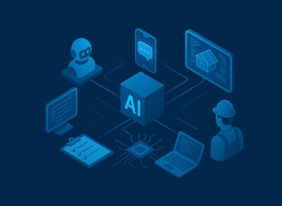 3D isometric illustration showing AI tools connected to a central AI cube, with icons representing a robot, smartphone, laptop, checklist, and an electrician on a dark high-tech background.