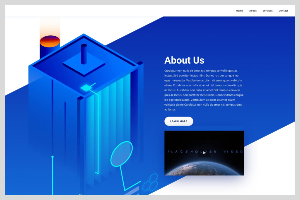 About us section of HVAC website with isometric building illustration and embedded video placeholder