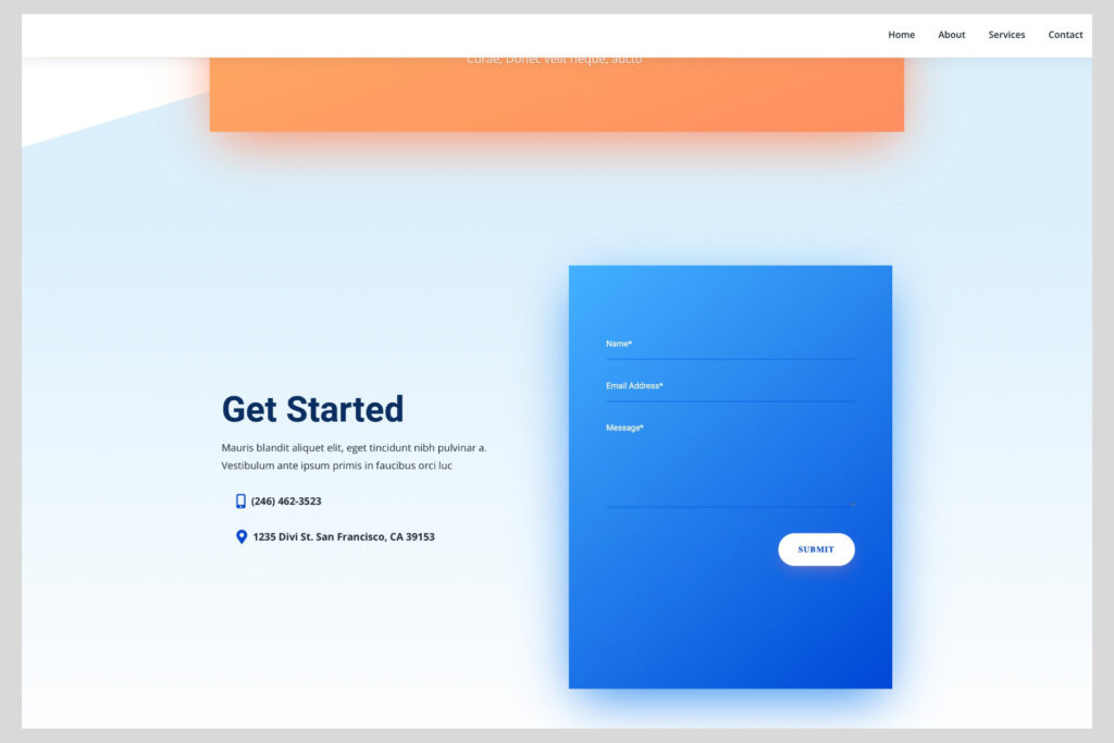HVAC website contact section with mobile-friendly form, phone number, and location info on a gradient background