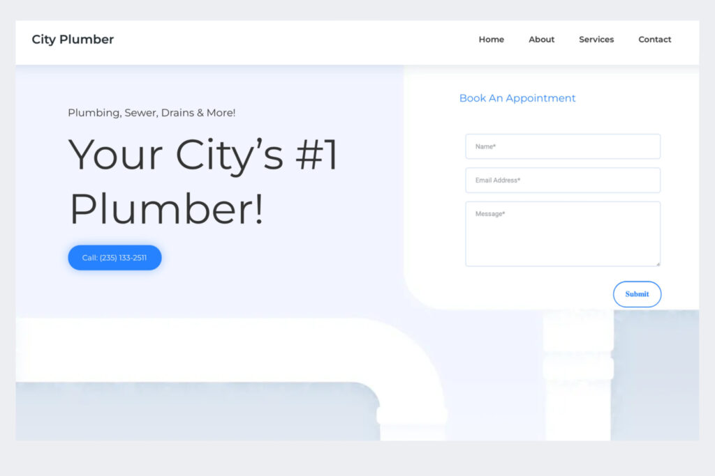 Mobile-friendly plumbing website template with large call-to-action button and online booking form, designed for lead conversion.