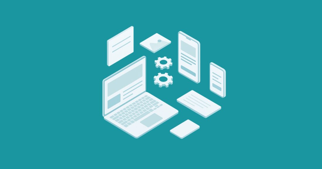 Minimalist isometric 3D graphic showing plumbing website interface elements, including laptop and smartphone mockups, against a teal background.