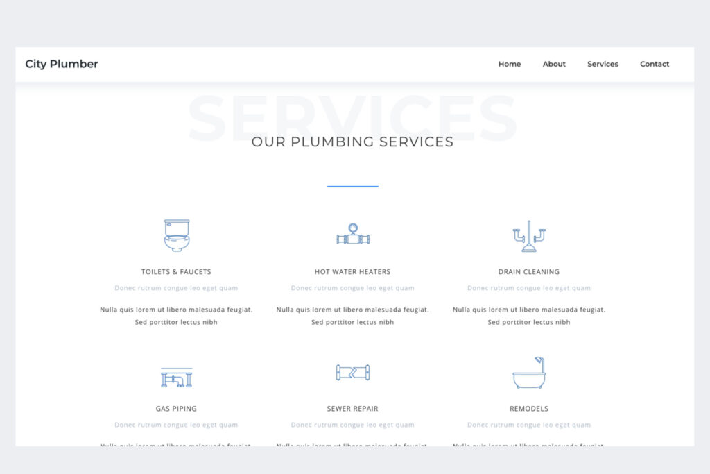Plumbing service website template featuring icons and descriptions for services like drain cleaning, gas piping, and sewer repair.