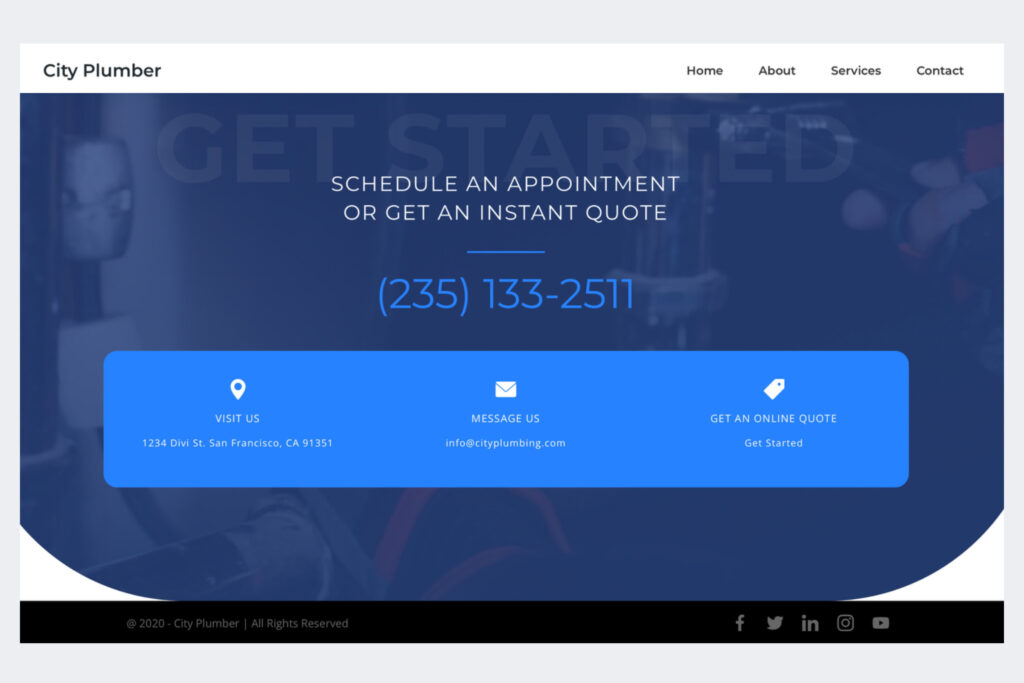 Conversion-focused plumbing web template footer with phone number, contact form, and instant quote request button.