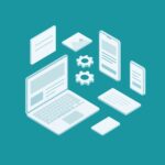 Minimalist isometric 3D graphic showing plumbing website interface elements, including laptop and smartphone mockups, against a teal background.