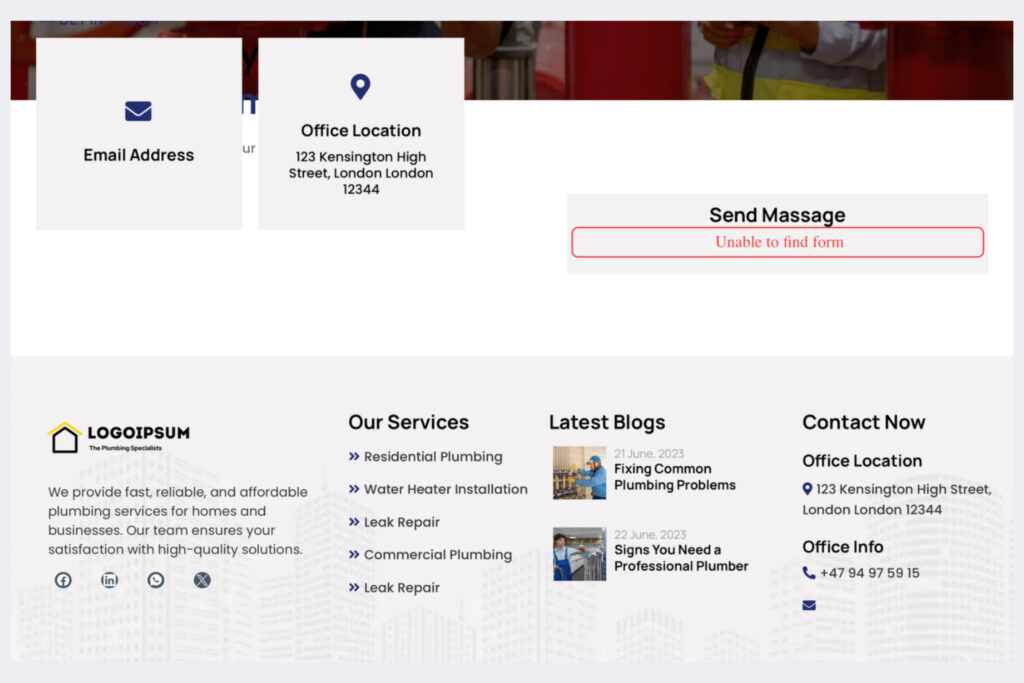 Professional plumbing website footer with office location, contact form, and blog links for local SEO.
