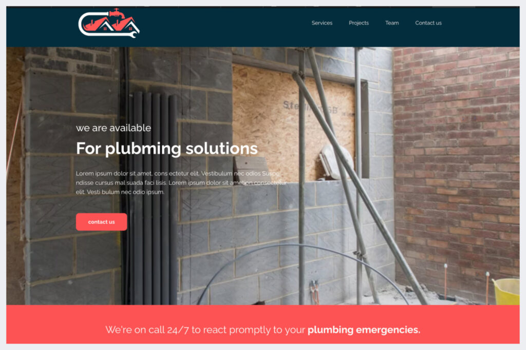 Emergency plumber website template with strong headline, contact button, and 24/7 service notice in red banner.