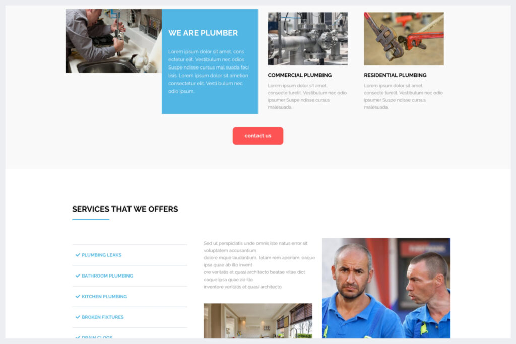 Local plumbing website layout showcasing team members and customer testimonials to boost credibility and conversions.