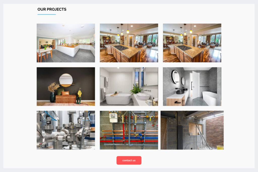 Portfolio-style plumbing website design featuring completed kitchen, bathroom, and industrial plumbing projects.